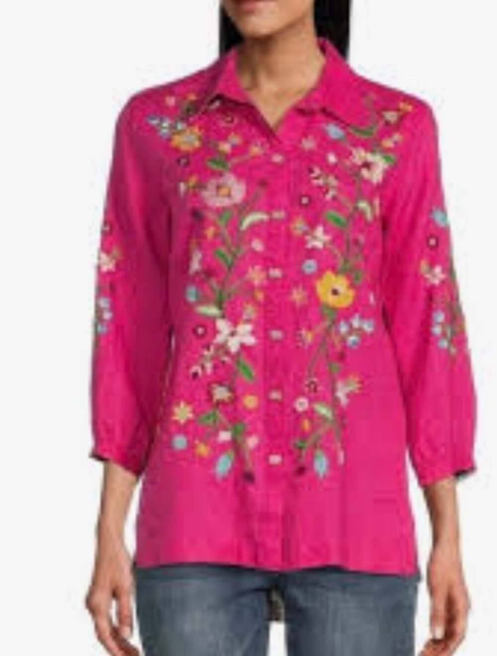 John Mark Womens 1X Pink Embroidered Boho Blouse Button Up Linen Shirt NWT